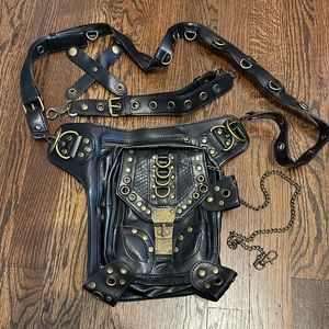 Black & Gold Steampunk Biker Crossbody Fannypack Belted Bag